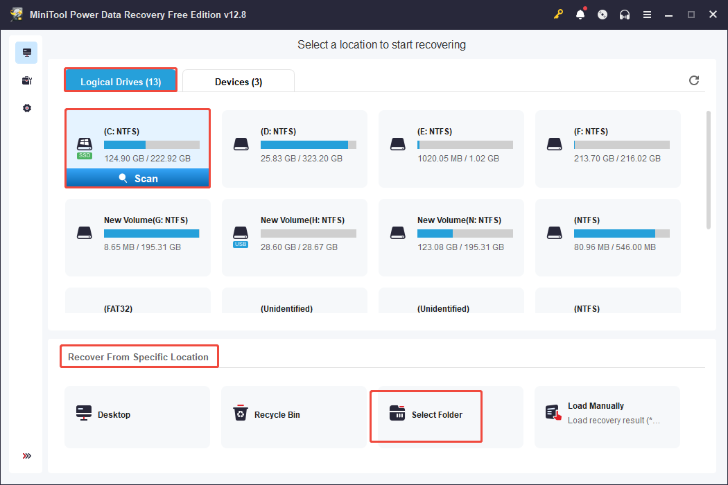 Interface de MiniTool Power Data Recovery affichant les partitions détectées, avec les options Lecteurs logiques, Analyser et Sélectionner un dossier sélectionnées.