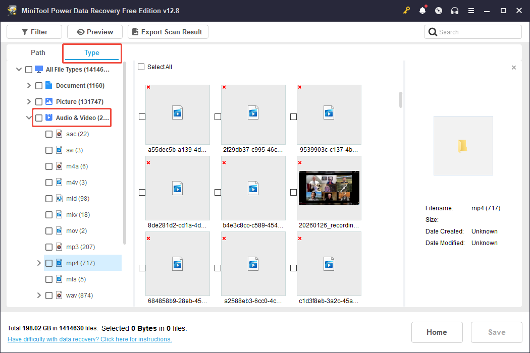 Interface de MiniTool Power Data Recovery affichant les vidéos de type MP4, avec les options Type, Audio et Vidéo sélectionnées.