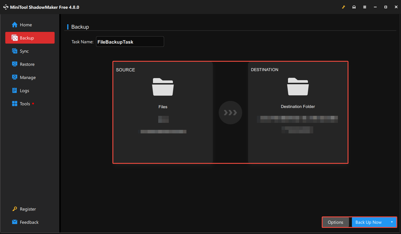 Interface de MiniTool ShadowMaker affichant la SOURCE et la DESTINATION de la sauvegarde, avec les options Sauvegarder maintenant et Options sélectionnées.