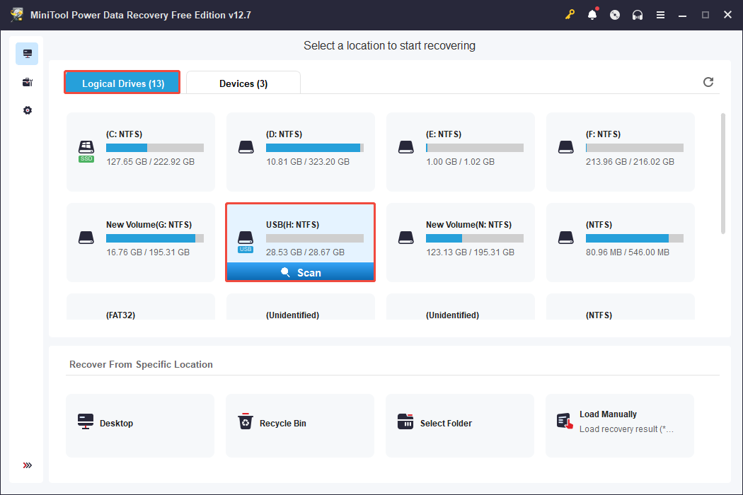 La page d'accueil de MiniTool Power Data Recovery, avec les lecteurs logiques et le bouton « Scan » mis en évidence.