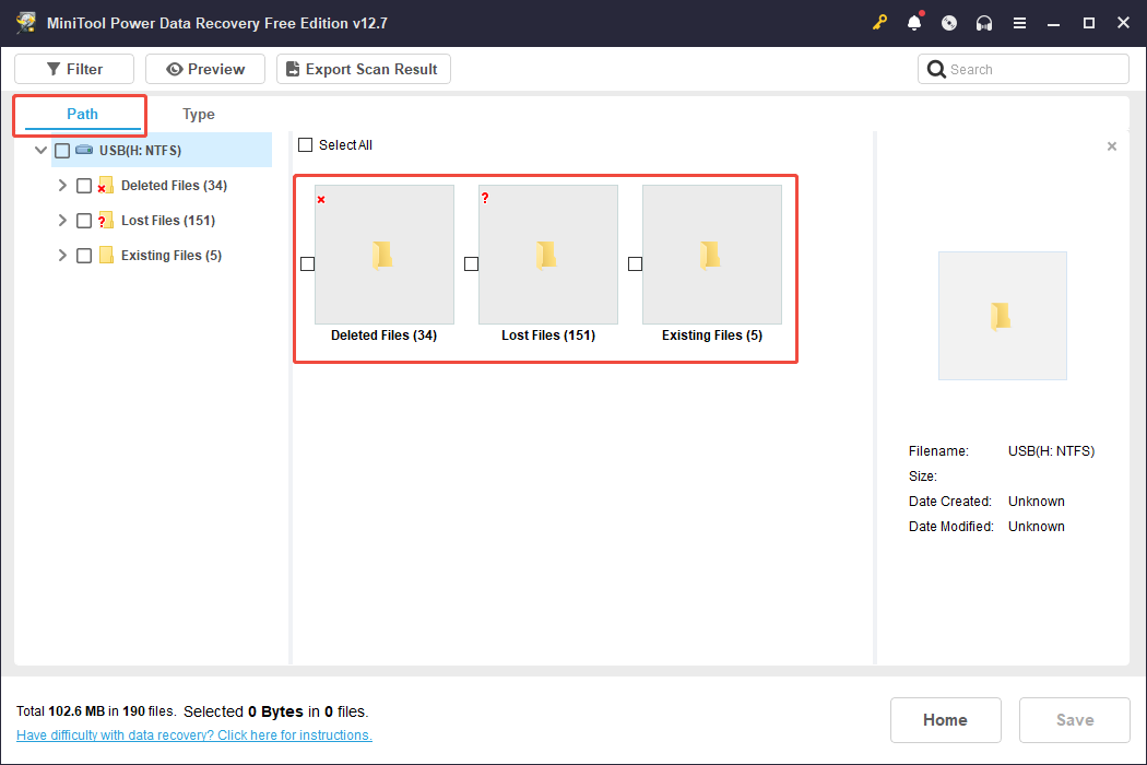 Fenêtre de MiniTool Power Data Recovery affichant les dossiers sous Chemin, incluant les fichiers supprimés, les fichiers perdus et les fichiers existants.