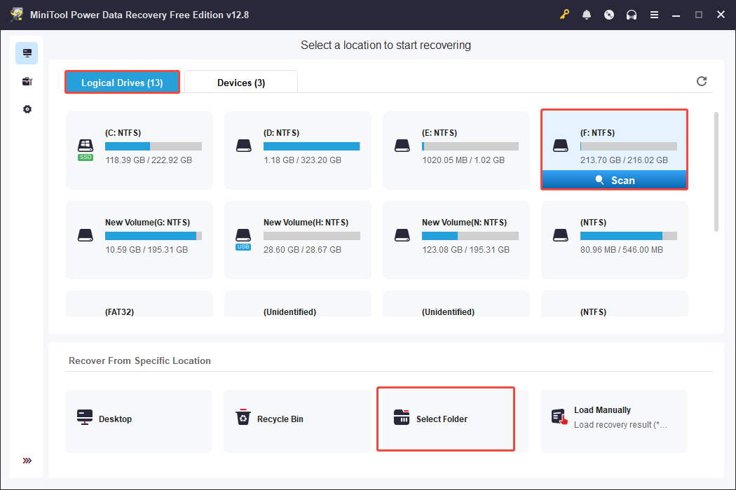 Interface de MiniTool Power Data Recovery affichant les partitions détectées, avec les options Analyser, Lecteurs logiques et Sélectionner un dossier sélectionnées.