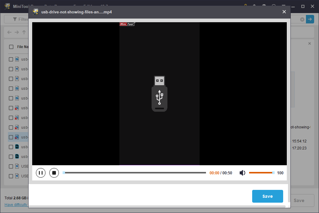 L'interface de prévisualisation vidéo de MiniTool Power Data Recovery affichant une vidéo issue d'une clé USB à des fins de vérification de fichier.