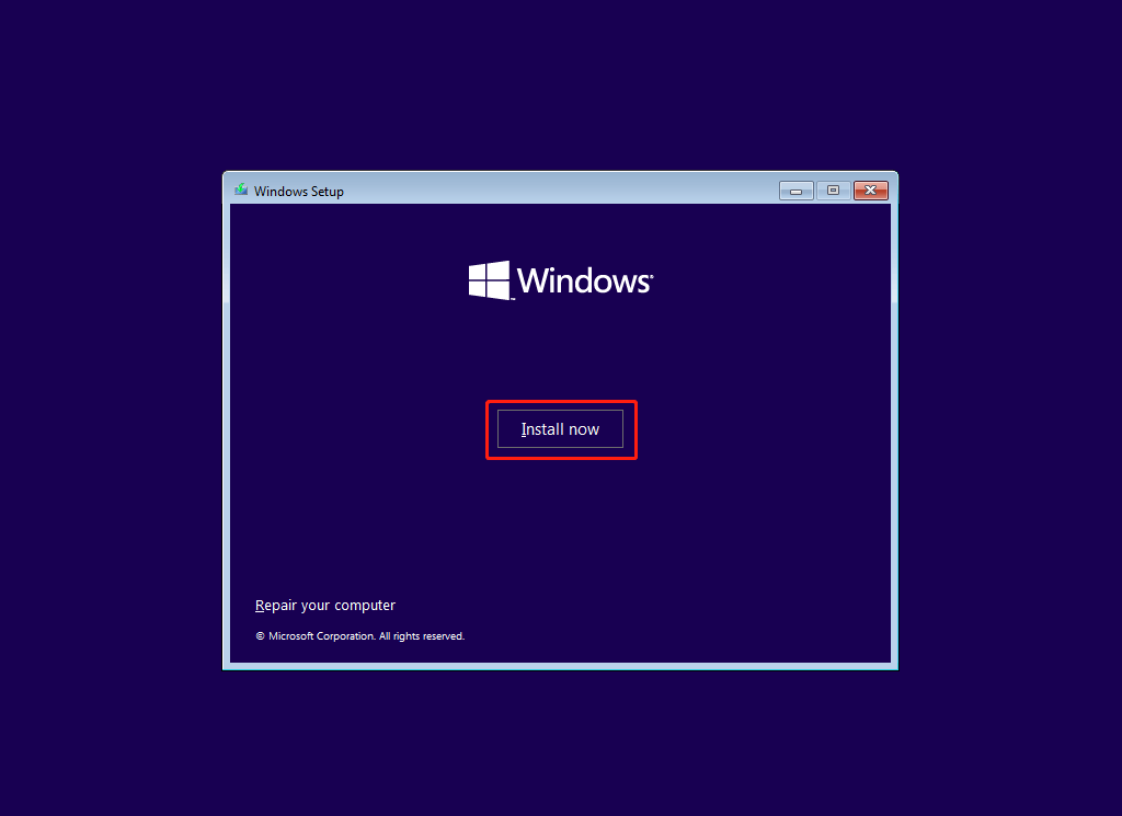 install Windows 10 now from USB