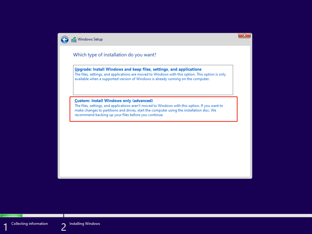 custom install Windows