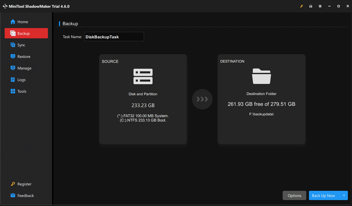 the Backup page in the remote computer