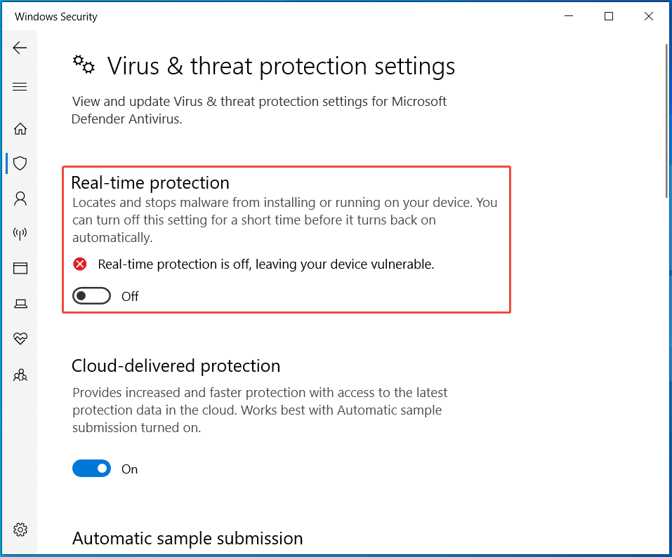Désactivez la protection en temps réel