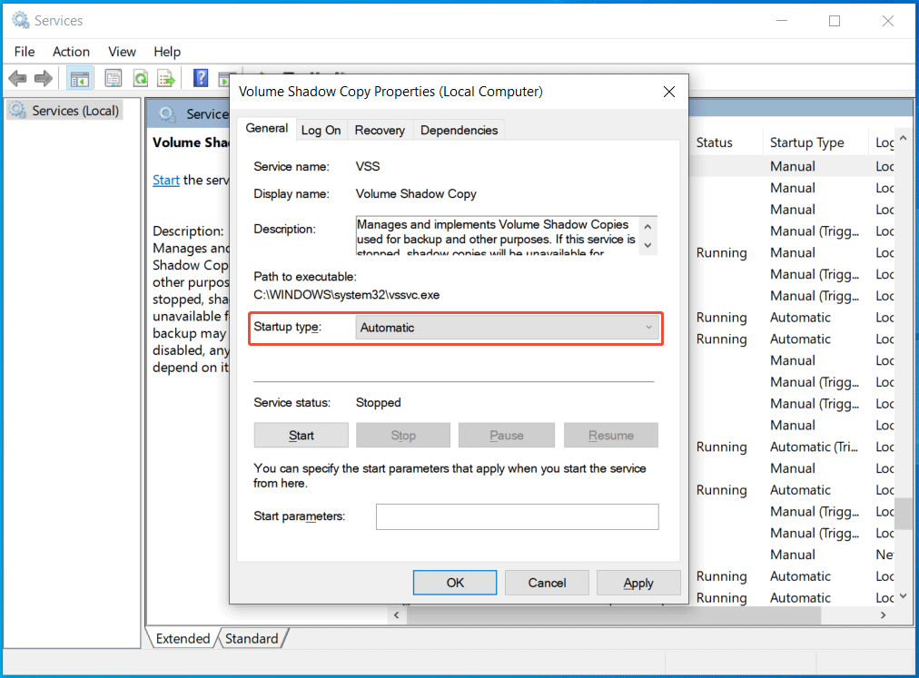 Configurez le service de cliché instantané des volumes en mode automatique