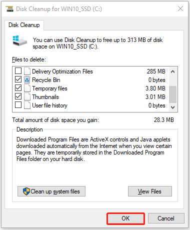 check the box of files you want to delete and click OK
