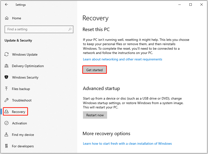 click Get started under Reset this PC in Settings