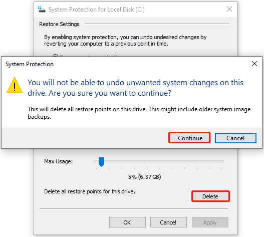click Delete to clear all restore points in the System Protection window