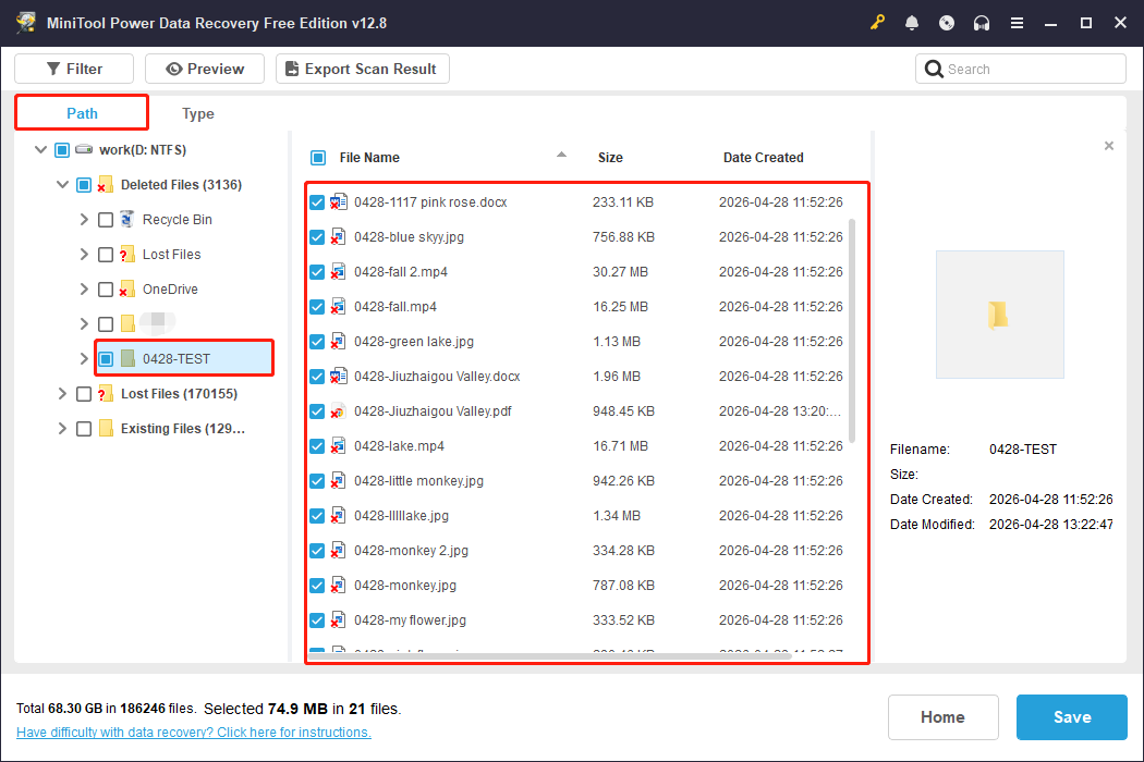 MiniTool Power Data Recovery scan results interface showing test files under the Path tab.