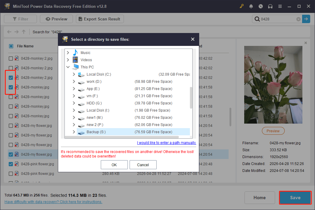 MiniTool Power Data Recovery file saving interface showing available storage paths.