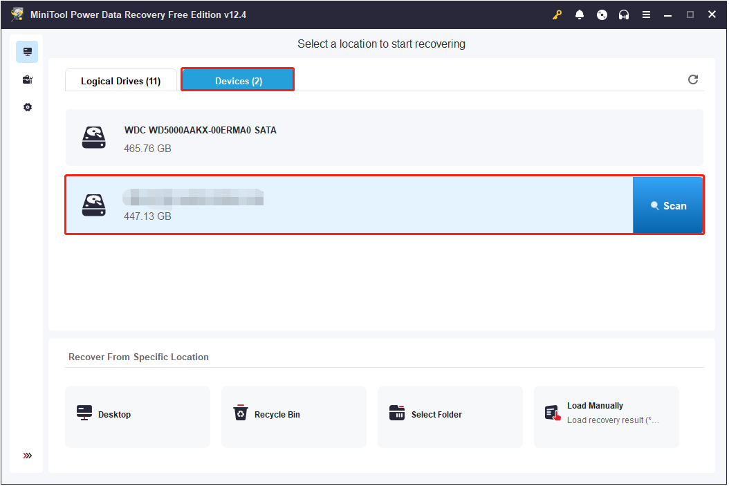 scan the disk from the Devices section in MiniTool Power Data Recovery