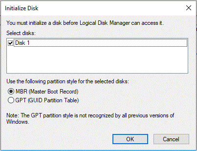 initialize the new disk in Windows Disk Management