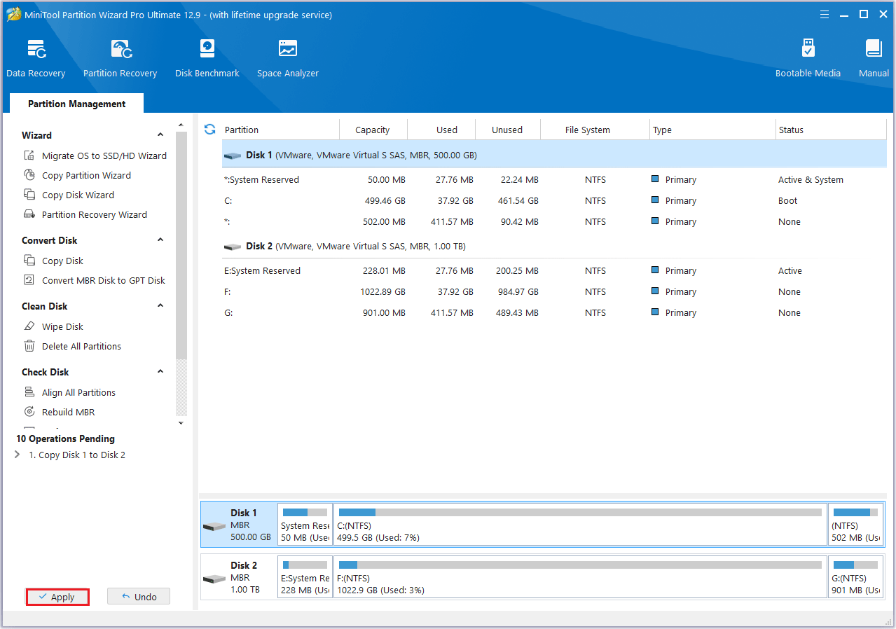 Cliquez sur Appliquer dans MiniTool Partition Wizard