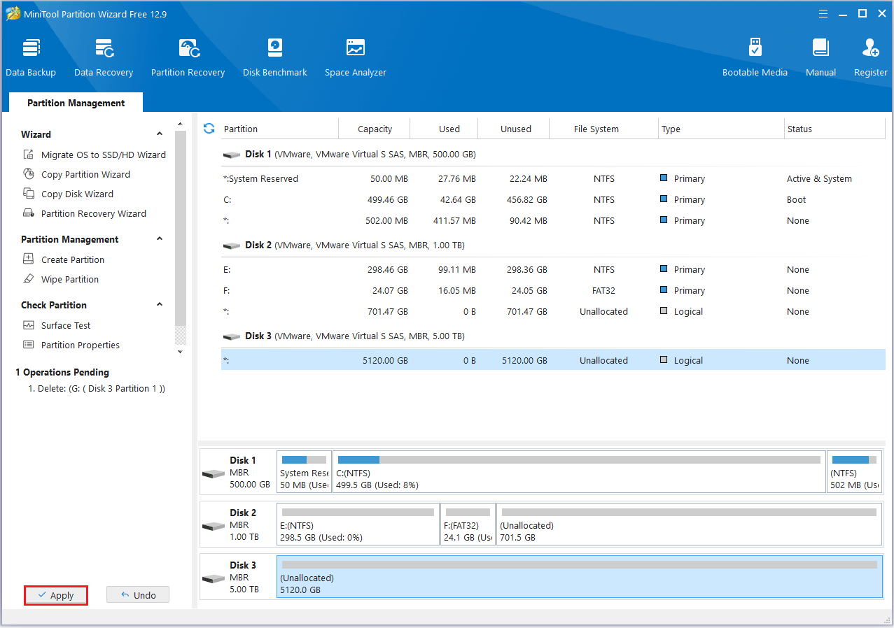Dans MiniTool Partition Wizard, cliquez sur Convertir le disque MBR en disque GPT