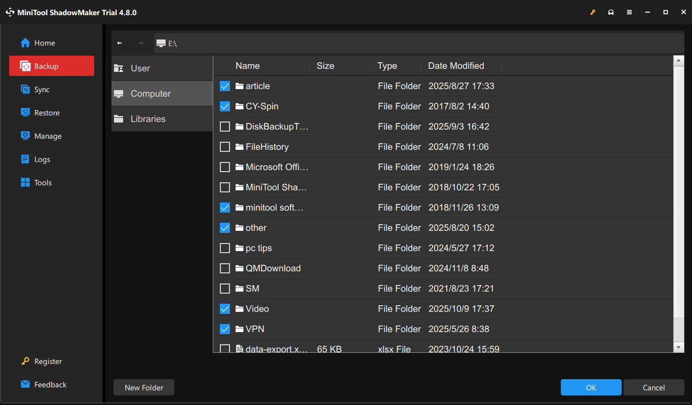 choose files to backup in MiniTool ShadowMaker