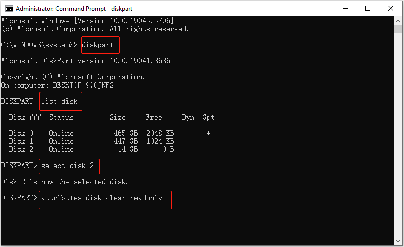 clear the read-only attribute of disk 2 in Command Prompt