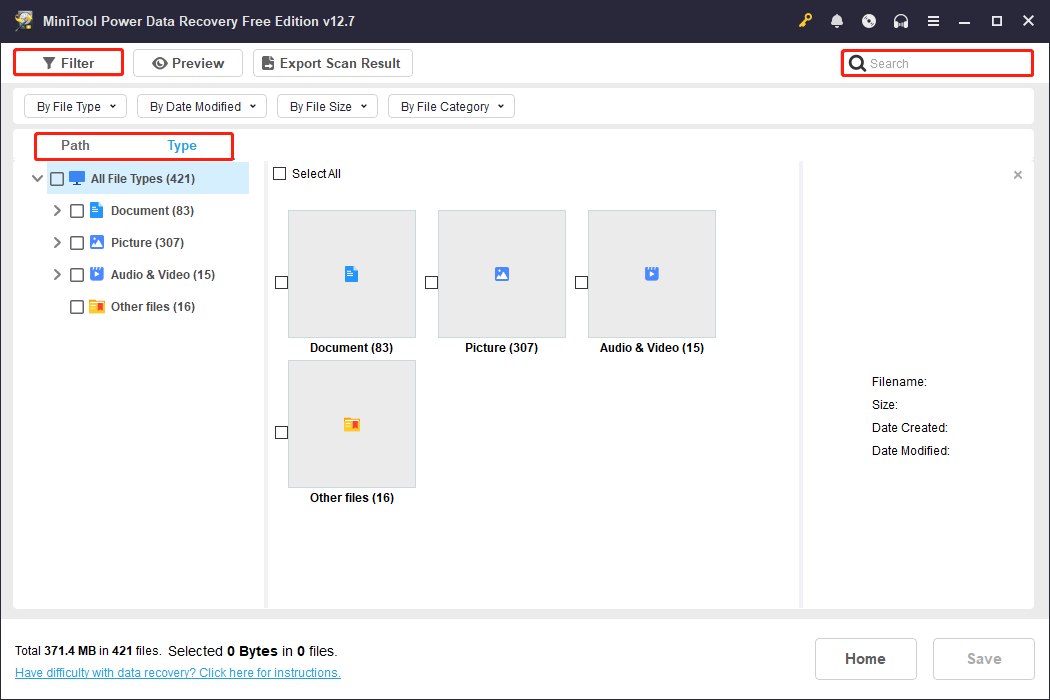 The scan results page of MiniTool Power Data Recovery shows how to find the files using Path, Type, Filter, and Search.
