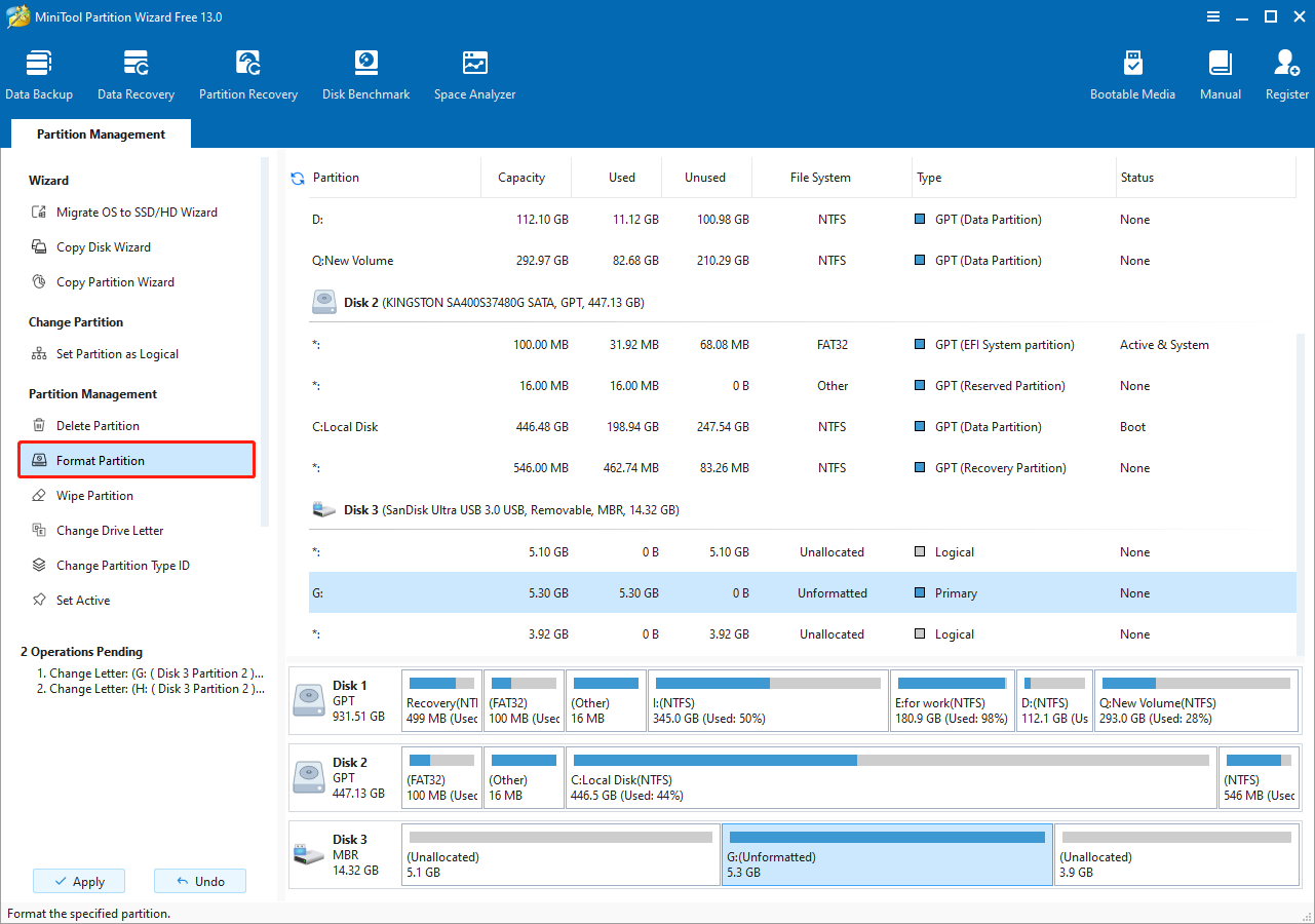 The Format Partition tab selected in the left pane of MiniTool Partition Wizard.