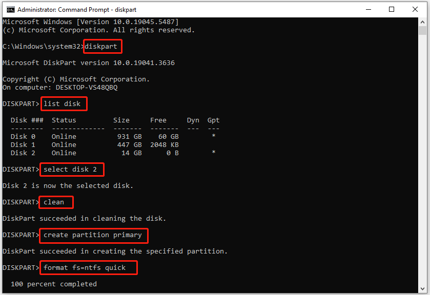 run commands to quick format storage device