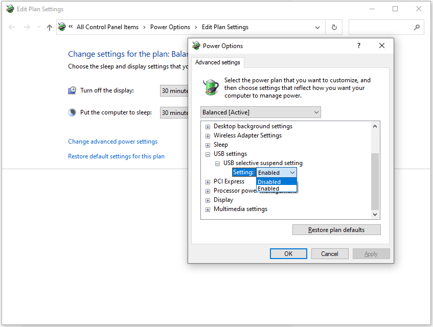 the steps to disable USB selective suspend setting