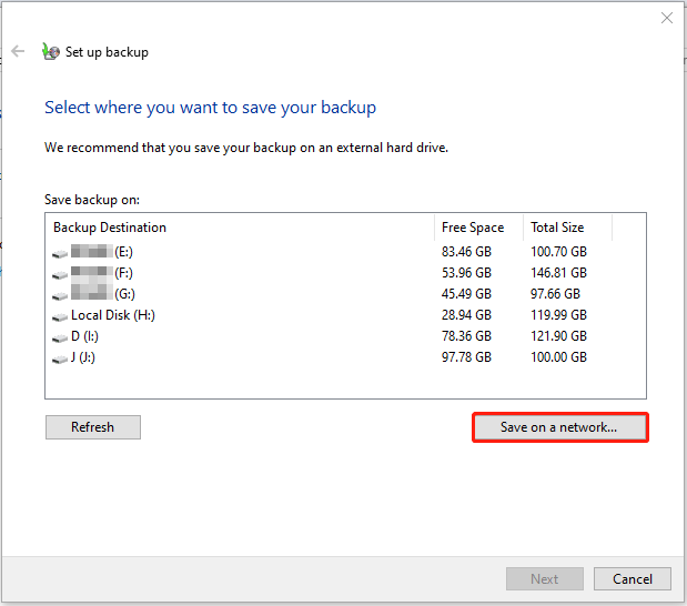 select the Save on a network button