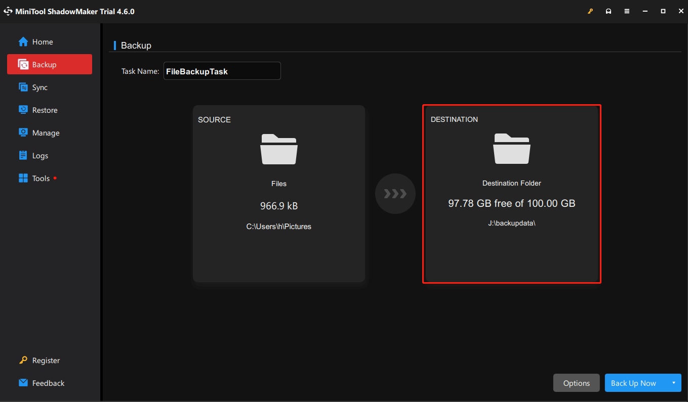 go to DESTINATION to select your network drive