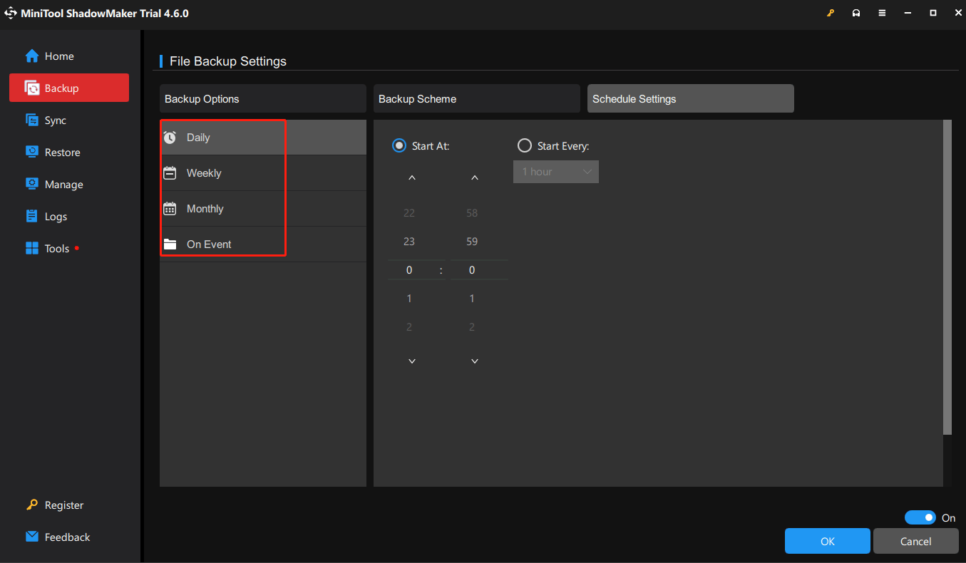 toggle on Schedule Settings