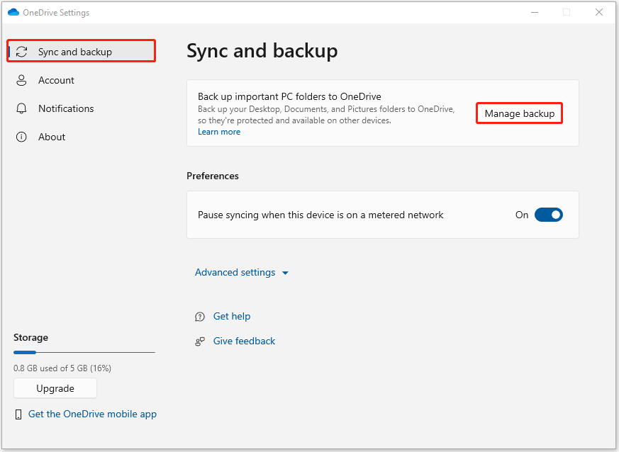 go to Sync and backup in the left pane