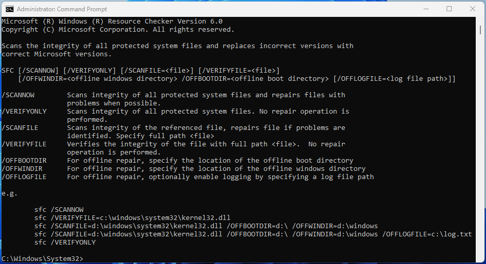 The Command Prompt interface showing the SFC parameters.