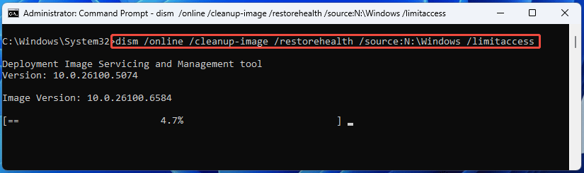 The Command Prompt window with the DISM repair command that specifies the image source.