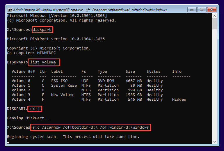 The Command Prompt window in WinPE showing commands used to run sfc scannow.