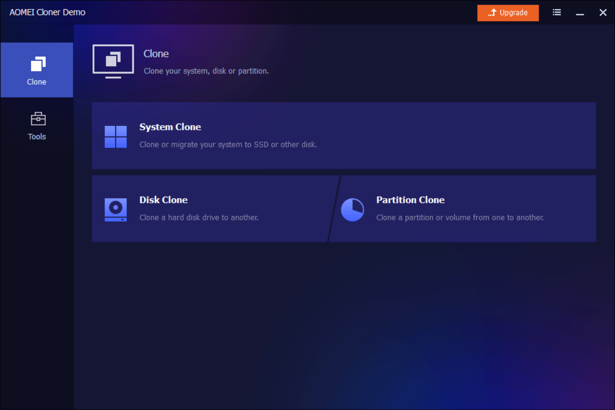 The main interface of AOMEI Cloner for system, partition, and disk cloning.