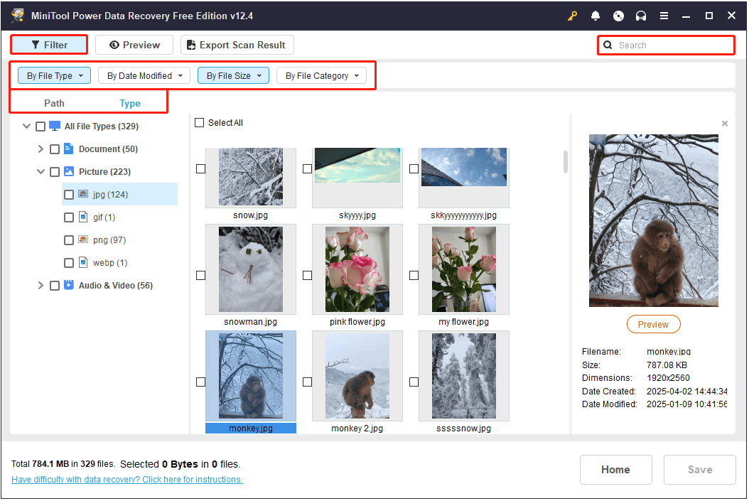 the Path, Type, Filter, and Search features in MiniTool Power Data Recovery’s disk scan results page