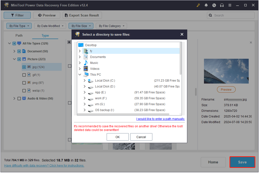 select a location to store the saved files in MiniTool Power Data Recovery