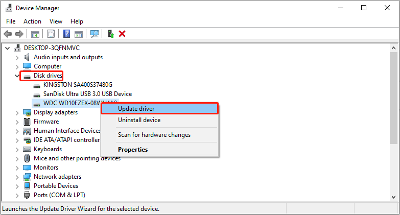 The Device Manager window showing all disk drives with the target one selected to update driver.