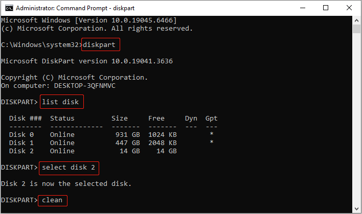 The Command Prompt window with the DiskPart command running to clean up the disk.