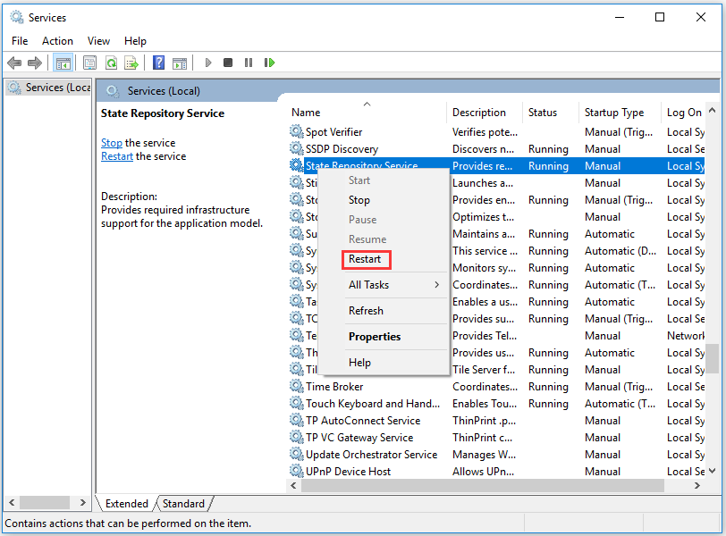 right click on the service and choose the Restart feature