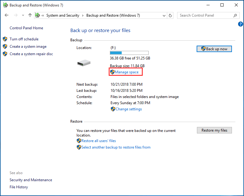 gérer l'espace disque de sauvegarde Windows avec Sauvegarde et restauration