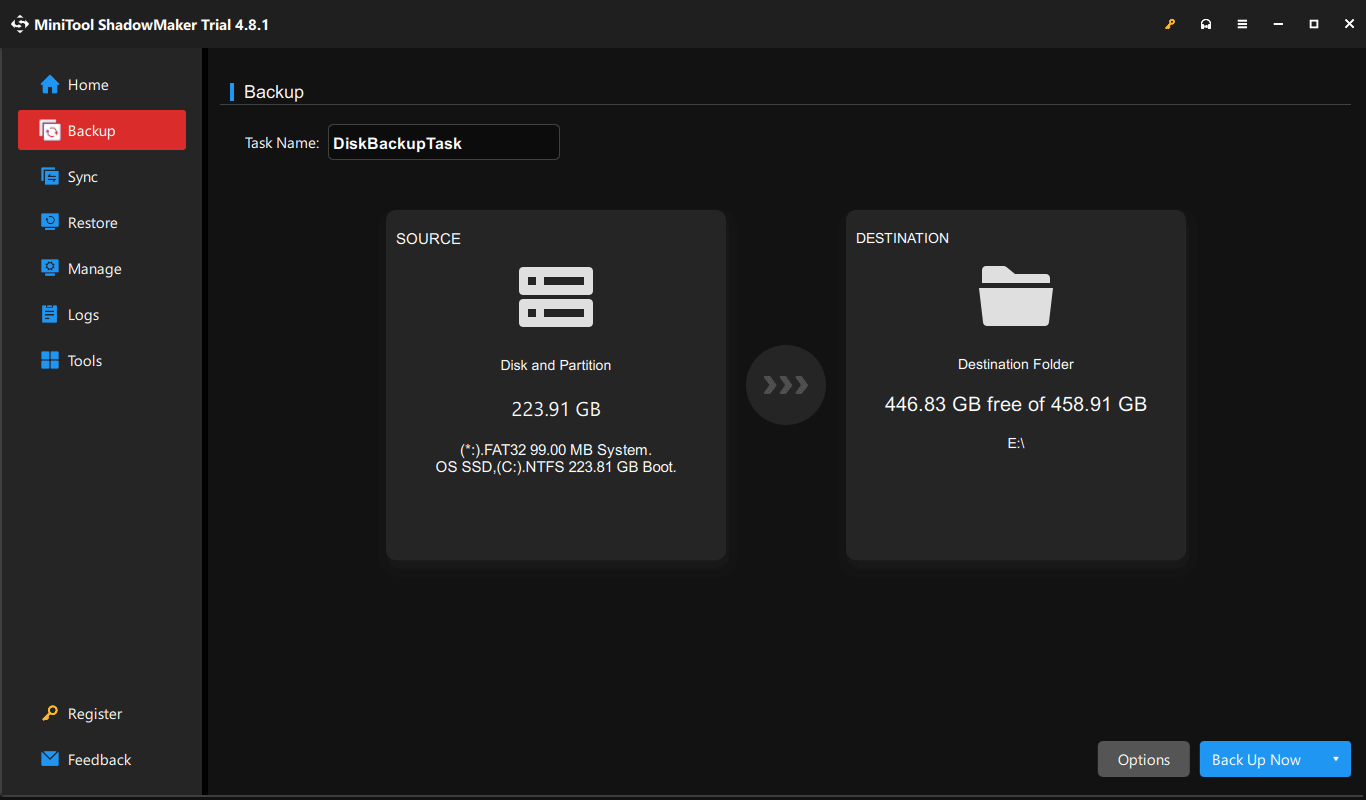 The MiniTool ShadowMaker interface for system backup.