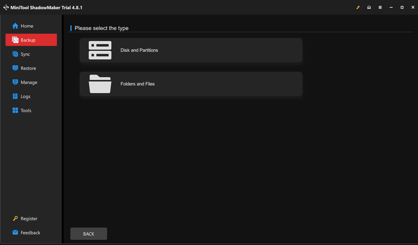 The MiniTool ShadowMaker window to select the backup type.