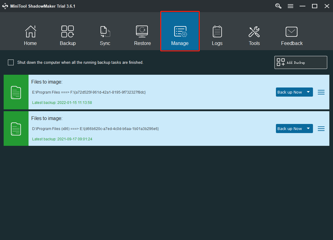 click Manage