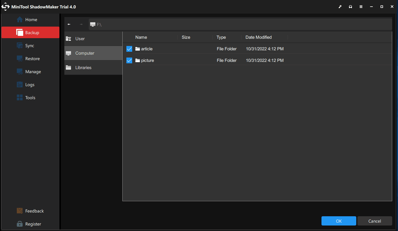 choose files you want to back up