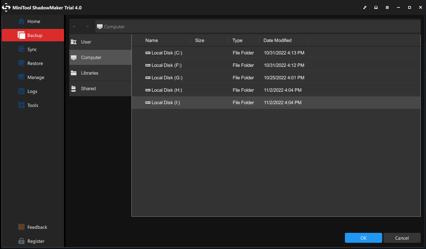 specify a storage path for the backup image file