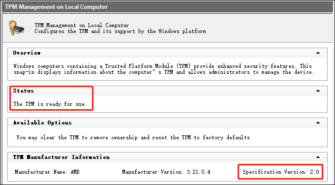 the TPM 2.0 is reader for use
