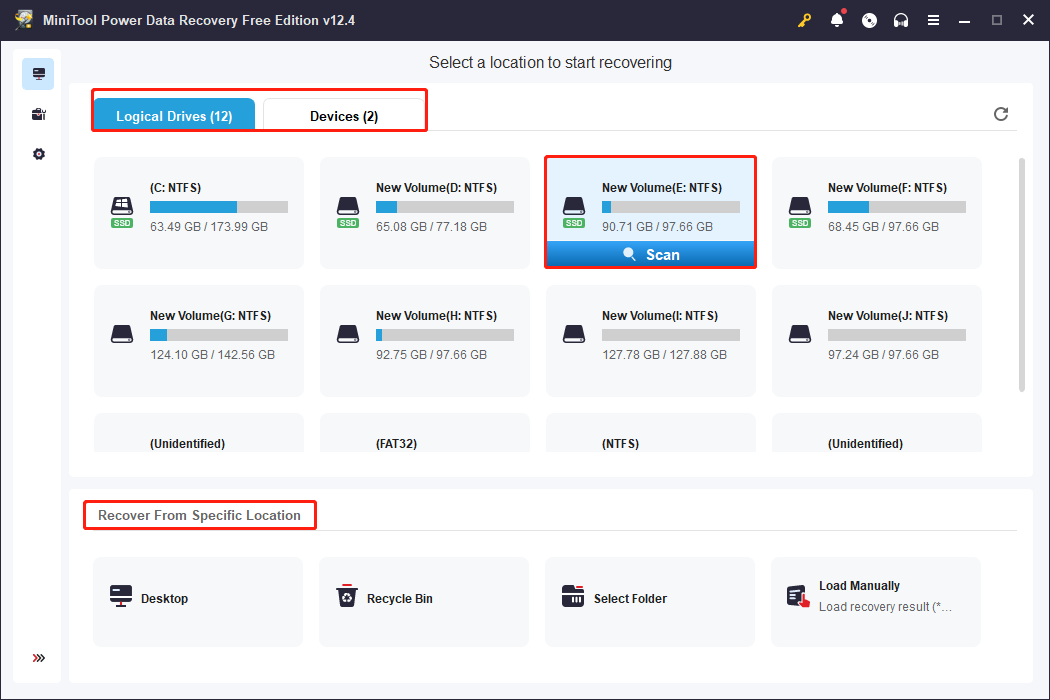 choose the target partition to scan using MiniTool Power Data Recovery