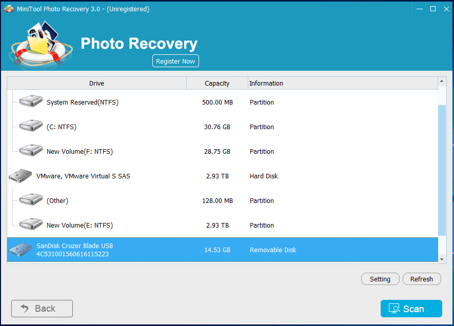 select the target SD card to scan
