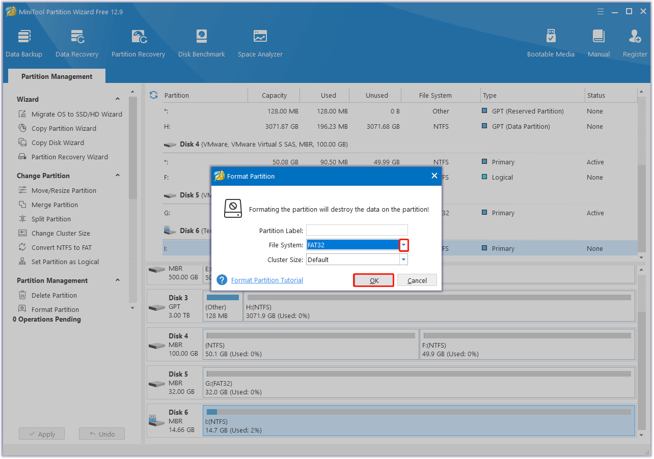 format card to FAT32 in MiniTool Partition Wizard